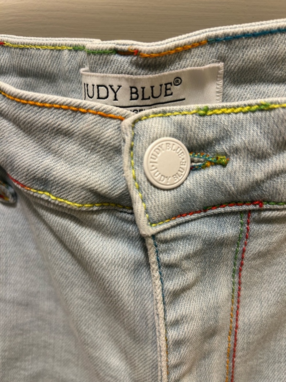 Judy Blue Pastel Light Blue Denim Shorts with Multicolor Stitching - Picture 3 of 5